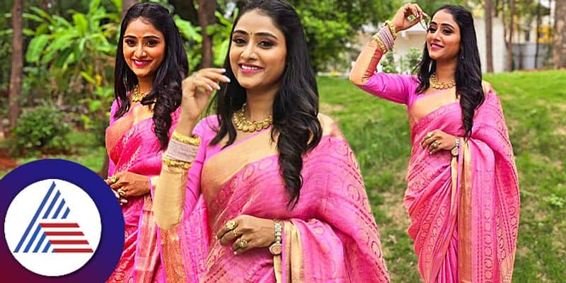 colors kannada bigg boss contestant charle 777 actress Sangeetha Sringeri shines in pink saree pav