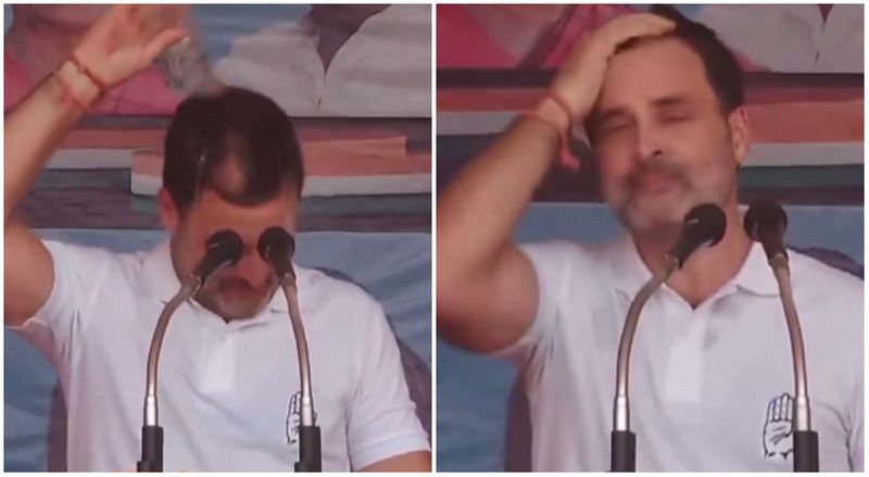 Rahul Gandhi pours water over his head at pm modi varanasi election rally