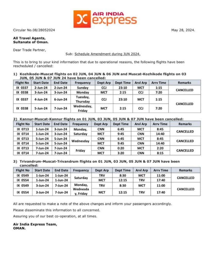 Air India Express has cancelled flights from Oman to Kerala and back