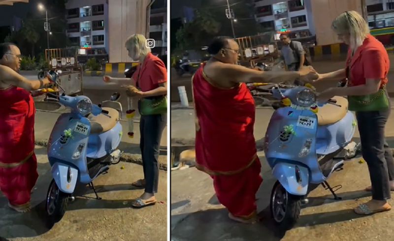 Foreign lady buys scooter and perform pooja at Temple video goes viral ckm