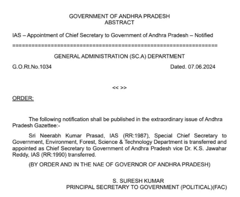 New CS for AP.. Transfer to Jawahar Reddy