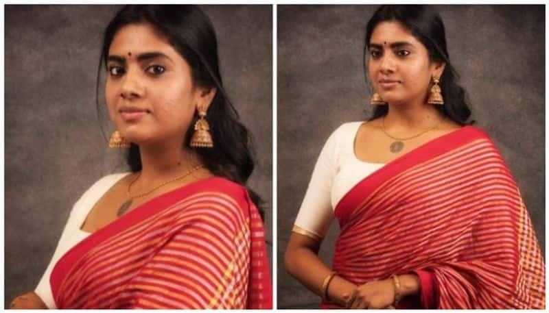 actress nimisha sajayan red saree viral photo shoot 