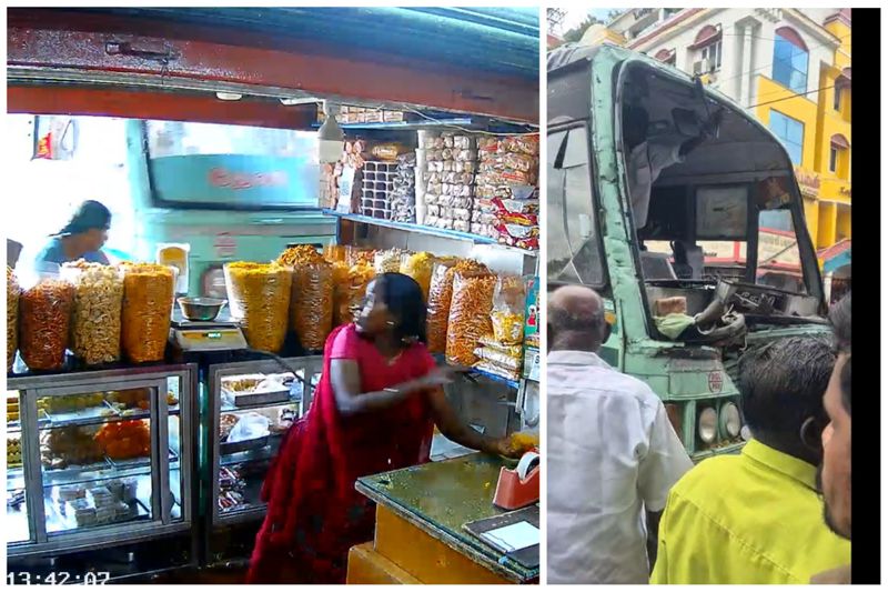 a government bus hit a sweet stall in bus stand near dindigul vel