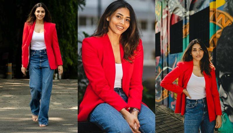 Yuva Movie Actress sapthami gowda New Photo With Red Blazer on Birthday san