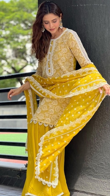 <p>फेस्टिवल पर वाइब्रेंट कलर प्यारे लगते हैं। आप भी चिकनकरी फैब्रिक पर आउटफिट चुन सकती हैं। यहां जॉर्जट शरारा के साथ आमना शरीफ ने चिकनकरी वर्क कुर्ती कैरी की है। </p>

