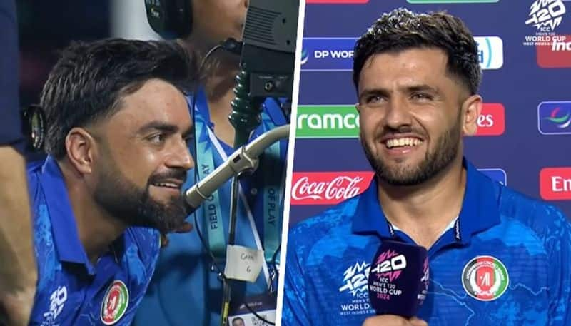 T20 WC 2024: Rashid Khan crashes Farooqi's post-match interview after Afghanistan storms in Super 8s (WATCH)