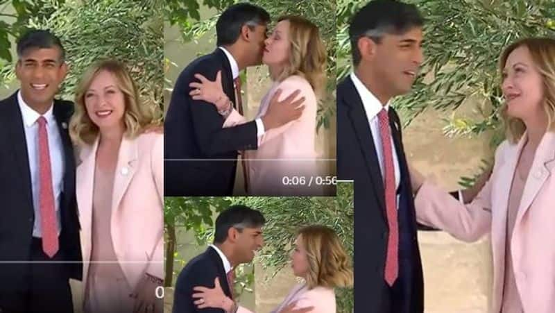 British PM Rishi Sunak and Italian PM Giorgia Meloni hug and kiss each other at the G7 meet Video goes viral akb