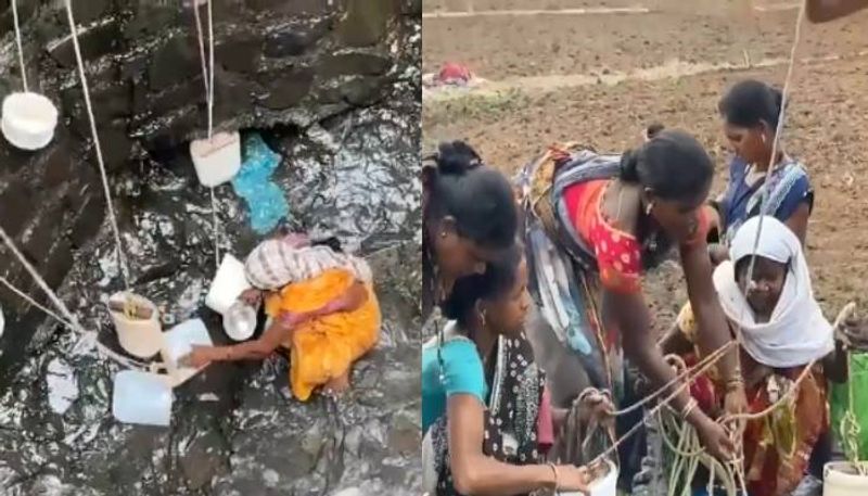 women from Cholmukh descending into deep well