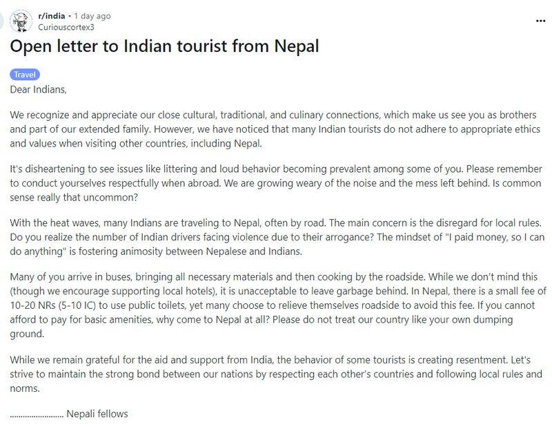 Dont treat us like your dumping ground Nepal citizen's viral open letter to Indian tourists sparks debate snt