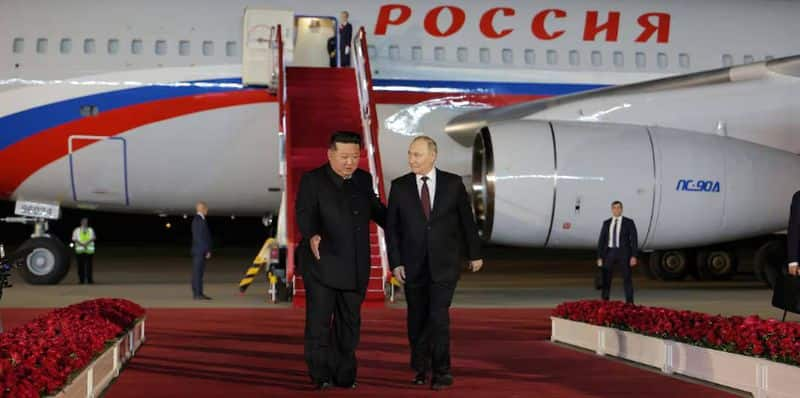 North Korean leader Kim Jong Un embraced Russian Vladimir Putin on his arrival at Pyongyang