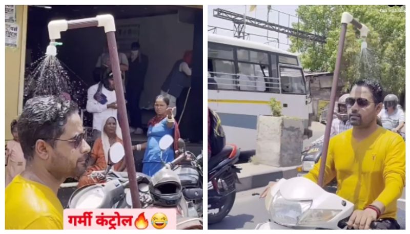 video of a man taking a shower on a scooter after extreme heat has gone viral