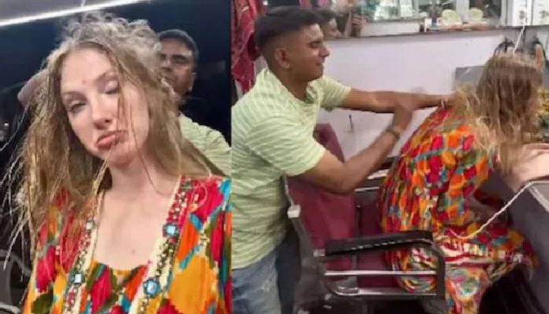 russian woman hair massage in indian barber shop 