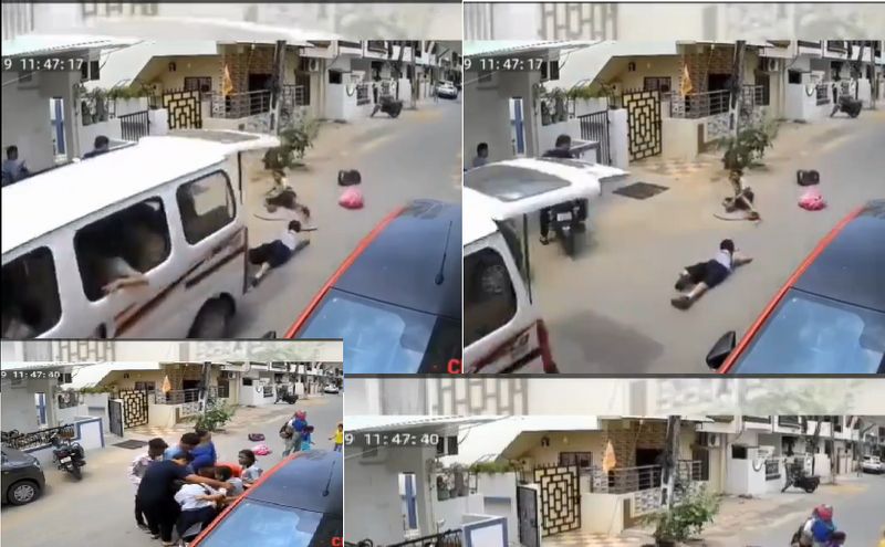 Two school girls injured after falls out from moving van Vadodara cctv video ckm