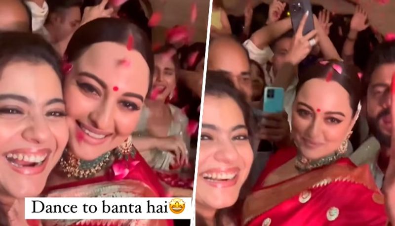 Kajol hugs Sonakshi Sinha, Zaheer Iqbal as bride gets emotional; dances to dhol beats at reception [WATCH] ATG