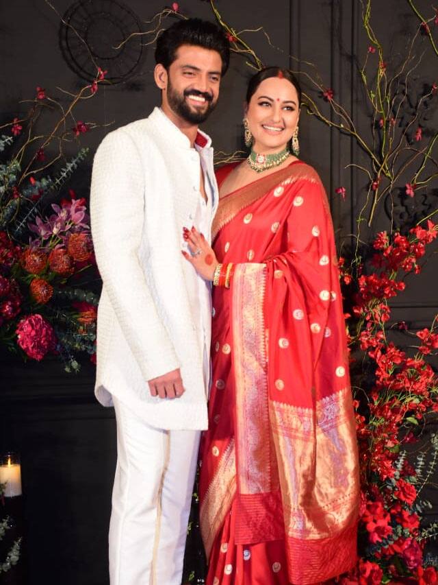 Sonakshi Sinha Oozes Elegance In Red Silk Saree For Her Reception Flaunts Red Bindi And Sindoor skr