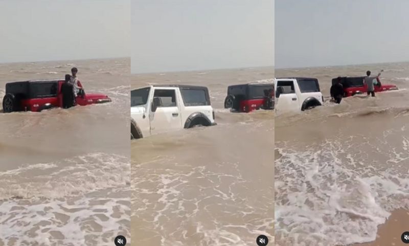 Youth reels stunt goes wrong two mahindra thar vehicle stuck at sea Gujarat ckm