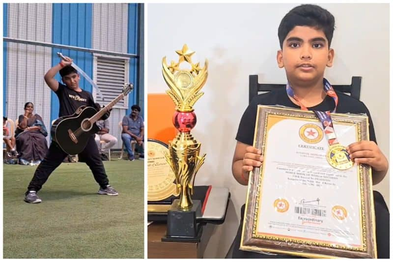 An 8-year-old boy in Trichy holds a world record by playing guitar and swinging a sword for 1 hour vel