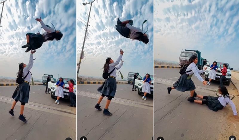 Reels stunt goes wrong school girls backflip landed abruptly on road ckm