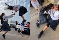 Viral Video: Schoolgirls' Dangerous Road Stunt Ends in Injury, Video Gains Viral Attention NTI