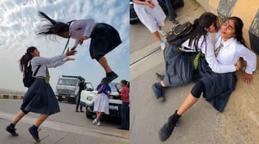 Viral Video: Schoolgirls' Dangerous Road Stunt Ends in Injury, Video Gains Viral Attention NTI