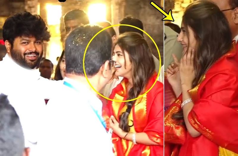 music director ss thaman touches cheeks of heroine sreeleela in tirumala temple ksr 