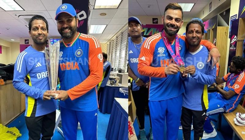 Indian Cricket Team Side arm thrower specialist Raghavendra Divgi with Team India cricketers pic goes viral kvn