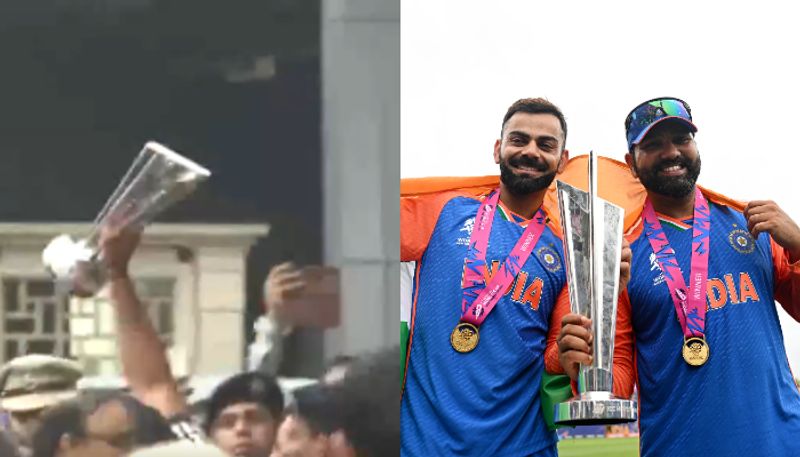 Watch Team India Captain Rohit Sharma shows T20 World Cup 2024 trophy at Delhi airport 