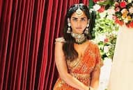 isha ambani lehenga saree wore designer Arpita mehta orange rose gold saree worth one lakh sixty five thousand kxa 