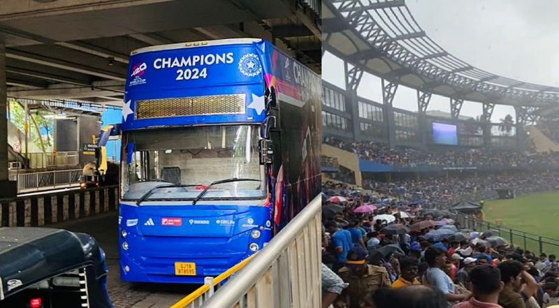 Heavy Rain at Mumbai Wankhede Stadium ahead of T20 World Cup 2024 Trophy Victory Parade from Marine Drive to Wankhede Stadium rsk