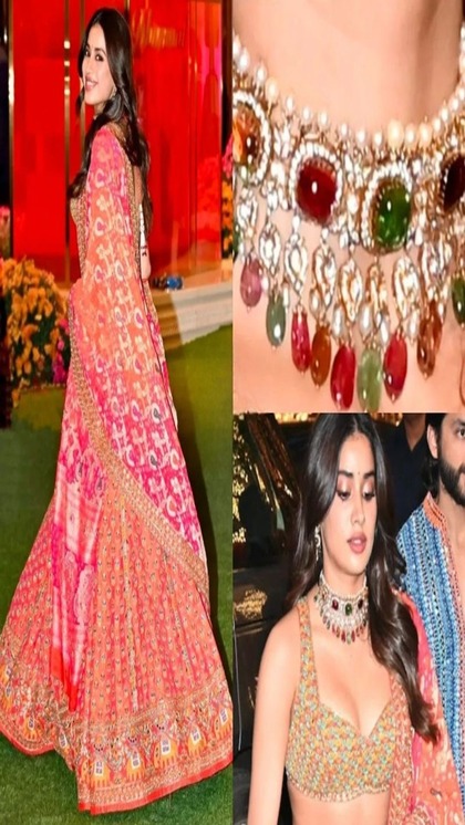 <p>जाह्नवी कपूर ने आउटफिट को हैवी लुक देने के लिए पन्ना नेकलेस पहना था। जिसमें व्हाइट स्टोन के साथ पर्ल वर्क भी था। आप भी जाह्नवी का ये लुक रिक्रिएट कर सकते हैं। </p>
