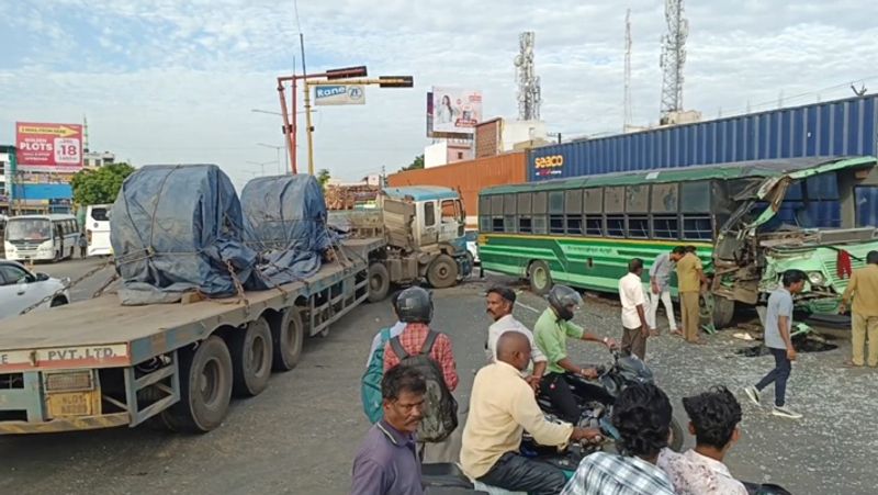 Government bus-container lorry head-on collision accident in chengalpattu.. 10 injured tvk