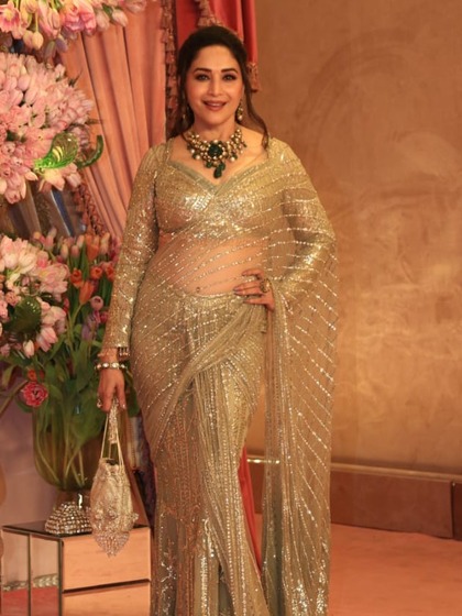 <p>गोल्डन शीयर साड़ी में माधुरी दीक्षित बिजलियां गिरा रही हैं। उन्होंने शोल्डर फ्लॉन्ट करते हुए ब्रॉड डिजाइन में वी नेक ब्लाउज कैरी किया है। आप साड़ी संग ऐसा ब्लाउज चुन सकती हैं। </p>
