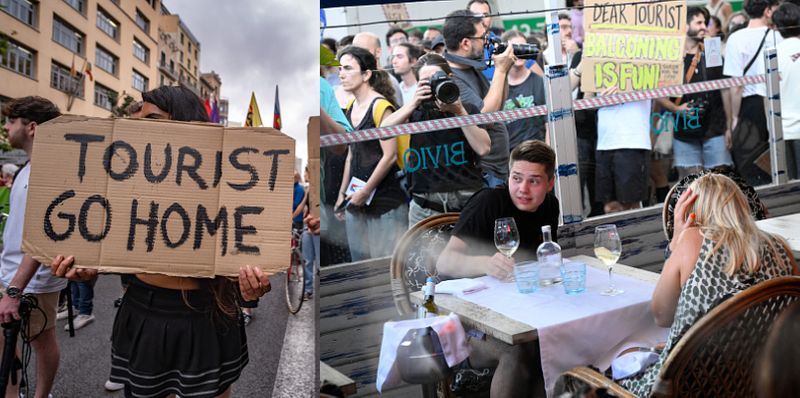 youngsters who demonstrating against mass tourism in Barcelona use water guns against tourists in spain 