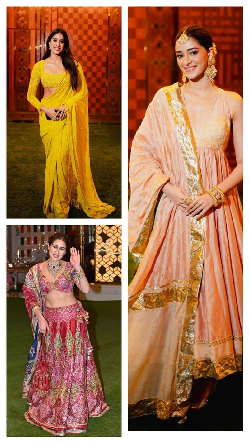 radhika merchant anant ambani haldi ceremony recreat Janhvi kapoor sara ali khan  ananya panday saree lehenga suit designs xbw