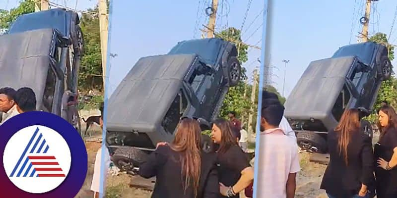 Mahindra Thar drives up Electric pole after woman driver lost control of vehicle Haryana ckm