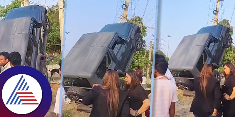 Mahindra Thar drives up Electric pole after woman driver lost control of vehicle Haryana ckm