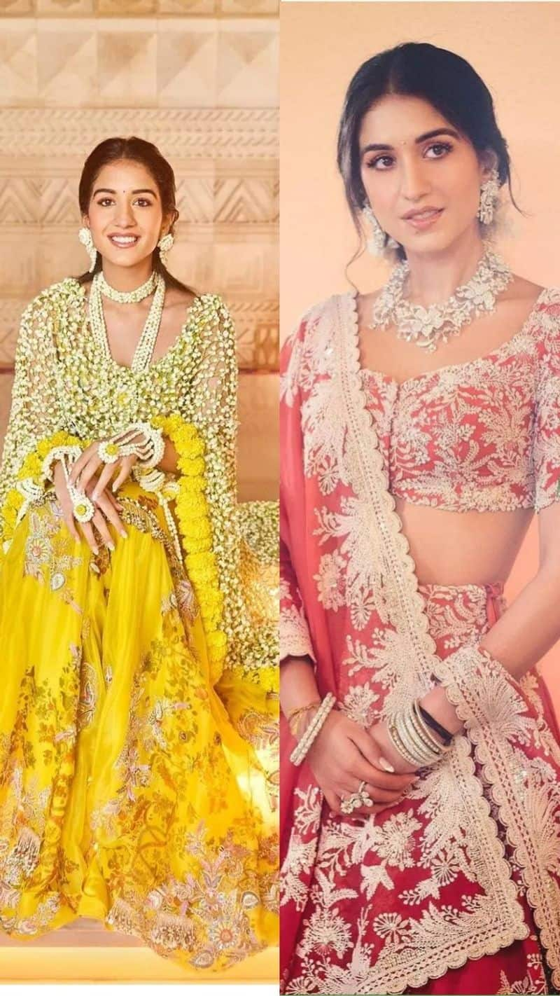 radhika merchant haldi ceremony wore anamika khanna  flower lehenga dupatta jewelry anant ambani wedding kxa  