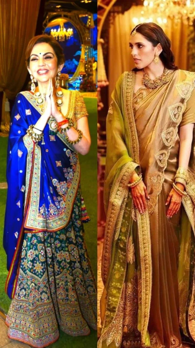 anant ambani shiva shakti puja nita ambani wore  gold blouse lehenga shloka mehta masaba collection saree kxa