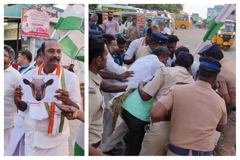 congress workers protest against bjp state president annamalai in nagapattinam vel