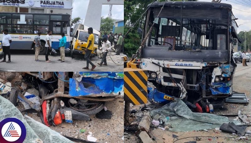 Bengaluru BMTC bus hit auto bikes on Bannerghatta road serial accident one death many injured sat