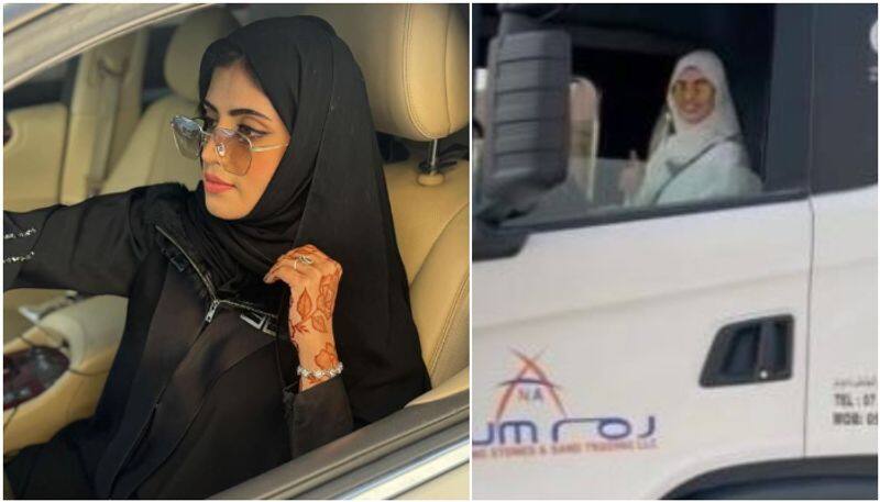 young woman Fouzia Zahour wearing abaya while driving 22 wheeler trucks in uae