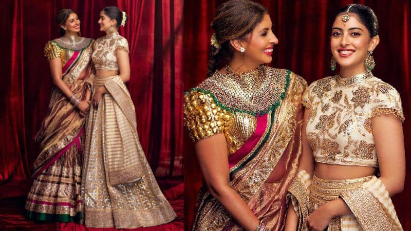 shweta bachchan heavy necklace navya nanda sequined lehenga turtle neck choli at anant ambani function