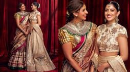 shweta bachchan heavy necklace navya nanda sequined lehenga turtle neck choli at anant ambani function