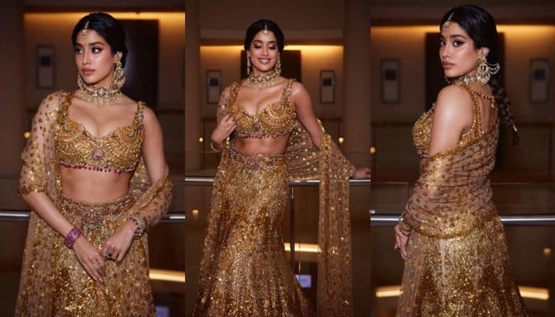 Janhvi Kapoors real gold jewellery blouse at Ambani wedding 