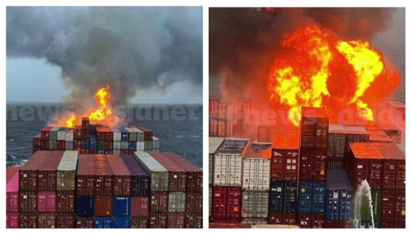 A container ship caught fire off the coast of Karwar, Karnataka