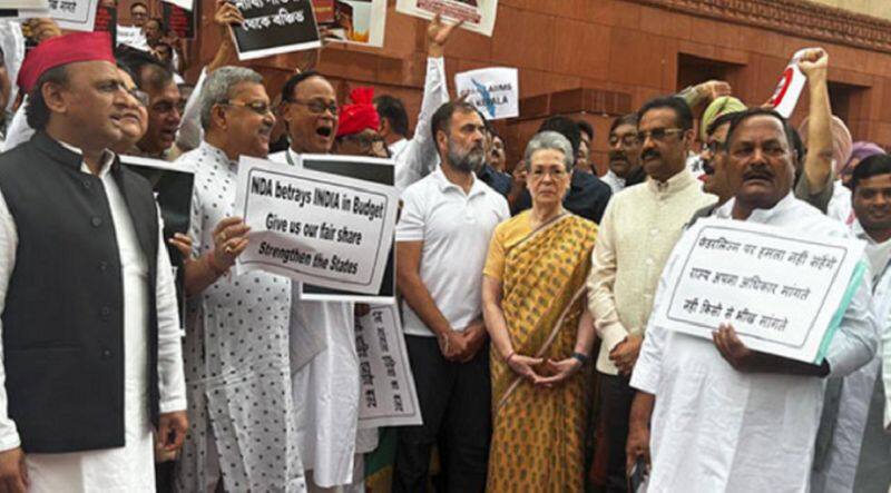 INDIA bloc MPs protest in Parliament for discrimination in Union Budget gvd