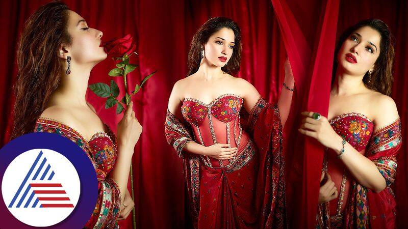 Tamanna Bhatia looks bold and glamorous in red saree pav