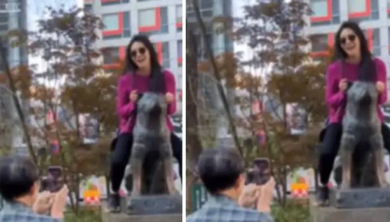 woman poses for photo atop Hachiko Statue face criticism 