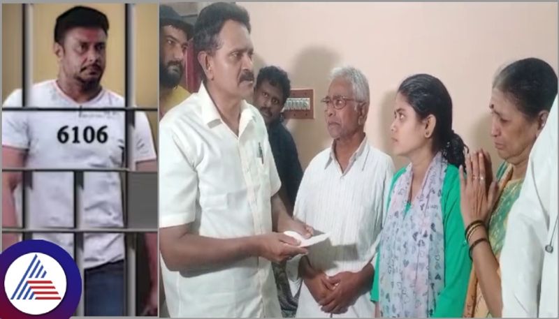 Actor Vinod Raj hands over Rs one lakh cheque to Renukaswamy wife in Chitradurga vkp