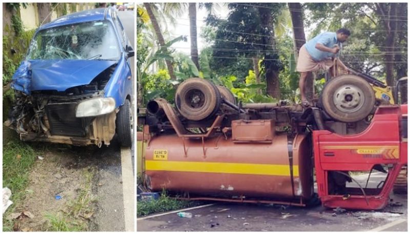 Tanker lorry overturned after colliding with a car leaving 11 injured